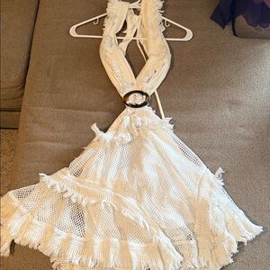 White Fringe Halter Dress
